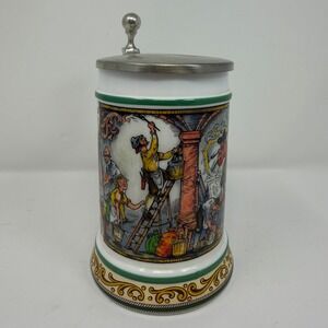 BMF Bierseidel Beer Stein Pewter Lid German Scene Collectible